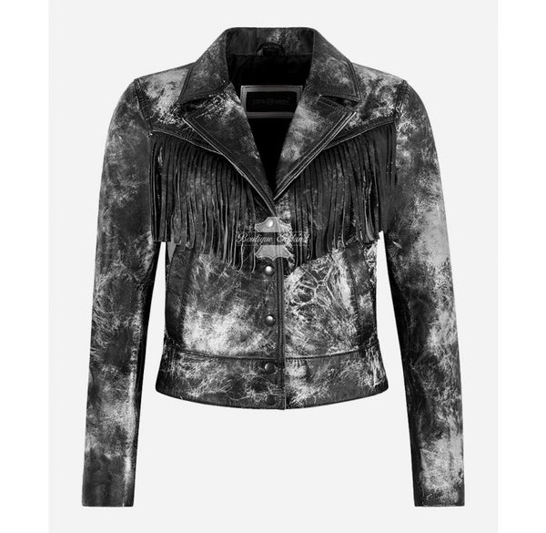 Vintage Worn Effect Women's Leather Biker Jacket with Fringes