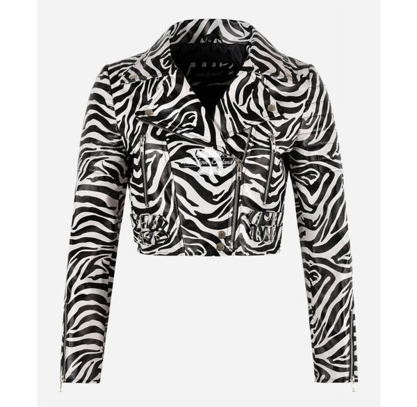 MISSY Cropped Leather Biker Jacket For Women Zebra Print