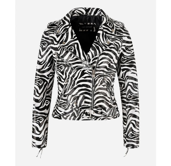 BRANDO Women's Zebra Print Leather Biker Fashion Jacket