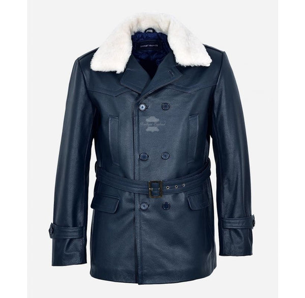 DR WHO Fur Collared Leather Reefer Jacket Pea Coat