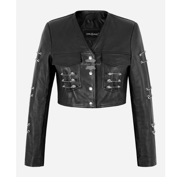 REBEL CHIC Women's Gothic Cropped Leather Jacket Safety Pins