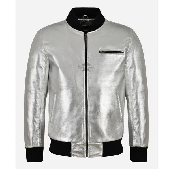 70'S Men's Classic Leather Bomber Jacket Silver Metallic