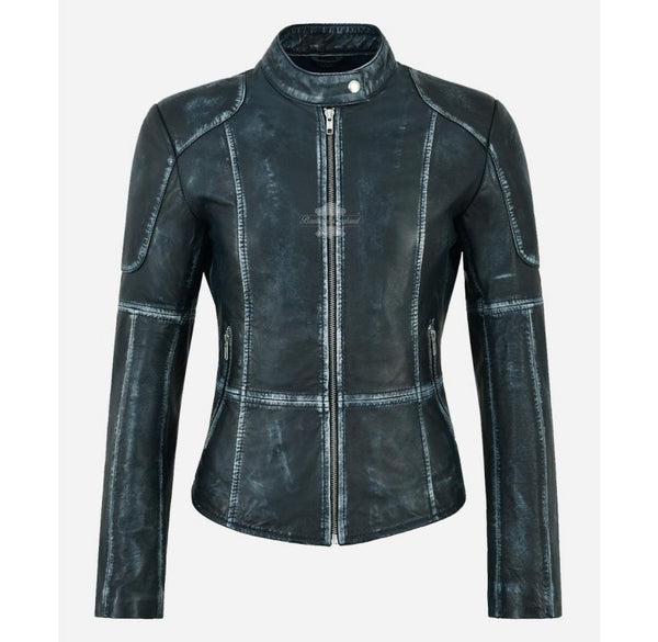 Amabel Women's Vintage Leather Biker Jacket Waxed Leather Jacket
