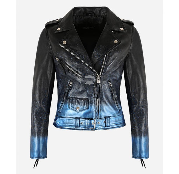 LADIES BRANDO JACKET Shinny Blue Sparkles Gothic Waxed LEATHER JACKET