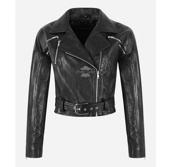 Women's 80's Style Cropped Leather Jacket Black