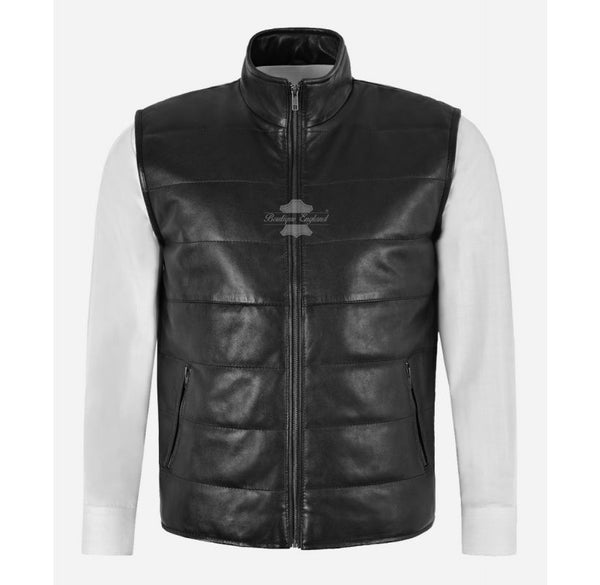 Men's Quilted Leather Puffer Gilet Black Vest