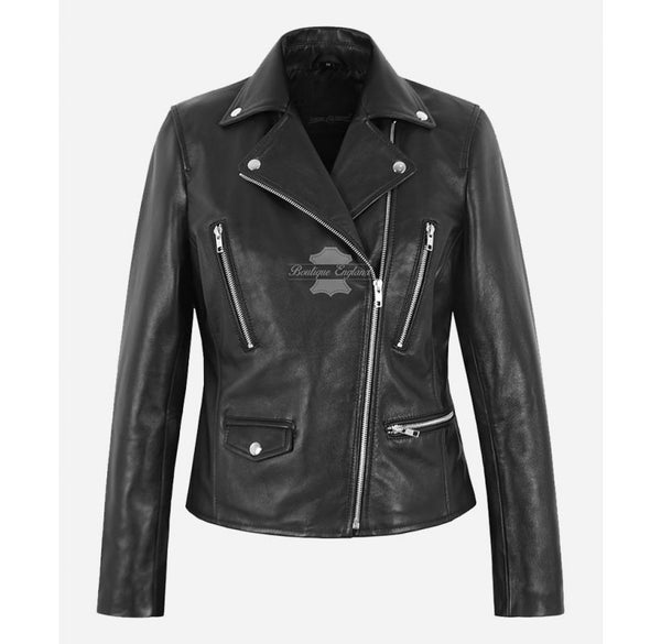 AUDREY Women's Black Leather Biker Jacket Fitted Casual Jacket