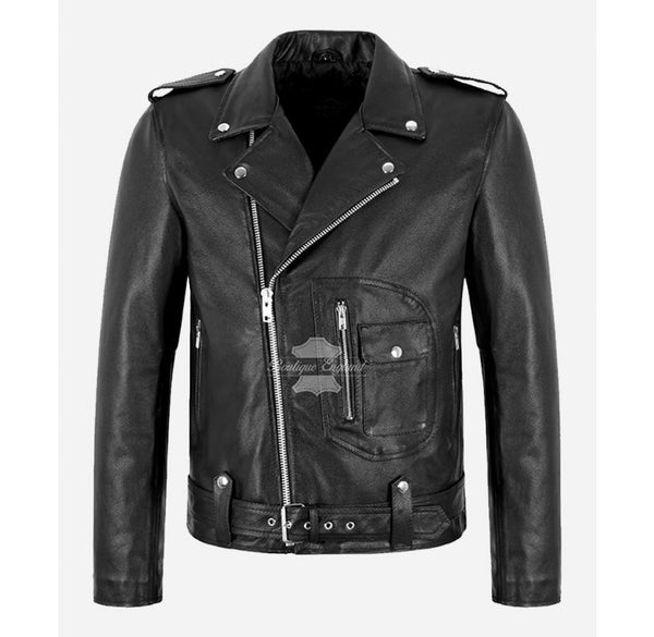 ASTER Men's Brando Style Leather Biker Jacket Black