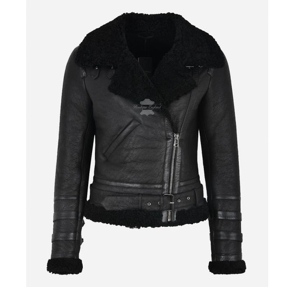 LAURA SHEEPSKIN Jacket Ladies Luxury Shearling Fur Black b3 Bomber Jacket