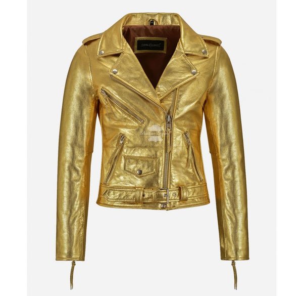 BRANDO Women's Shinny Leather Biker Jacket Silver & Golden