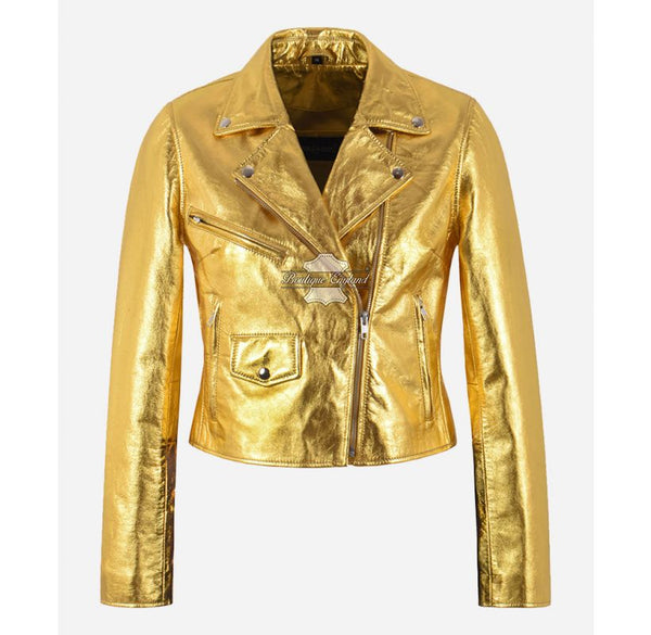 EMMA WATSON Style Leather Jacket for Women Golden
