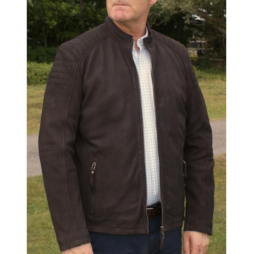 Mens Collarless Brown Nubuck Suede Jacket - Helium