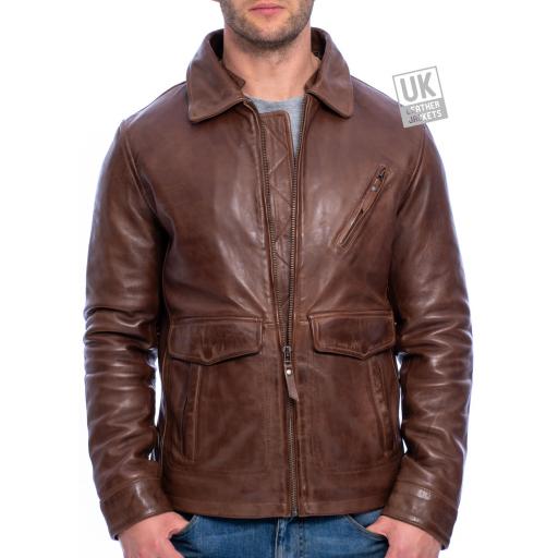 Mens Chestnut Brown Leather Jacket - Additional Wool Collar