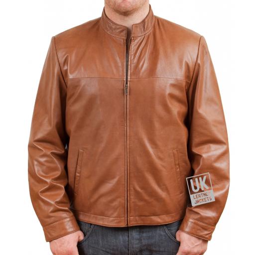 Men's Tan Leather Jacket - McQueen - Short Collar