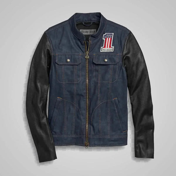 Harley - Davidson 7 Star Denim Jacket with Premium Leather Sleeves in Male | Motorcycle Outerwear for XS | Stylish Motorcycle Outerwear by OutfitTouch