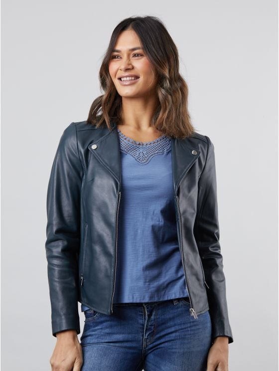 Collette Open Collar Leather Biker Jacket
