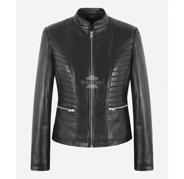 Katherine Women Leather Jacket Fitted Retro in Black