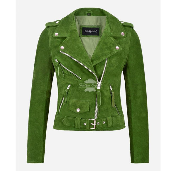 Ladies BRANDO Jacket Lime Green Suede Biker Leather Jacket