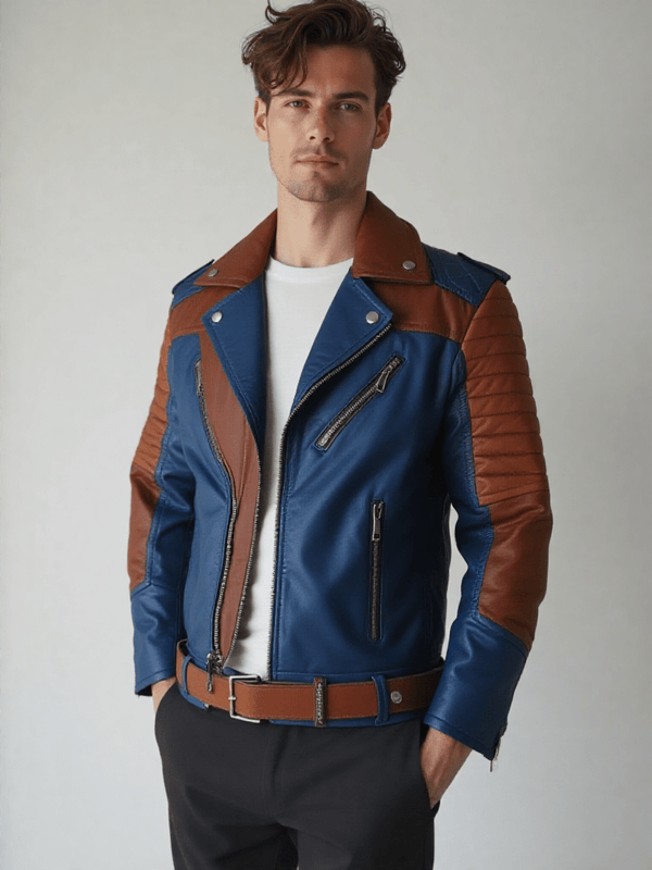 Mens Blue and Brown Leather Jacket - Rare Leather
