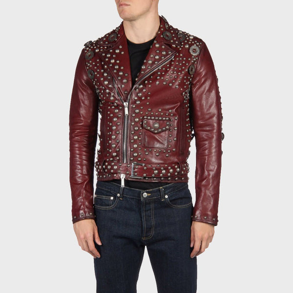 Men's Designer Studded Red Leather Motorcycle Jacket - Rare Leather