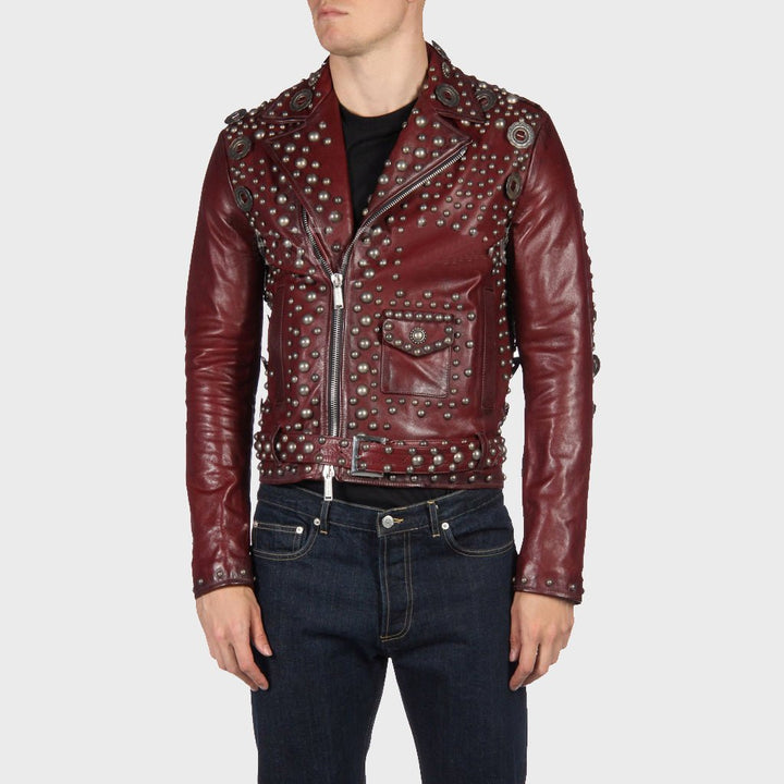 Men's Designer Studded Red Leather Motorcycle Jacket - Rare Leather