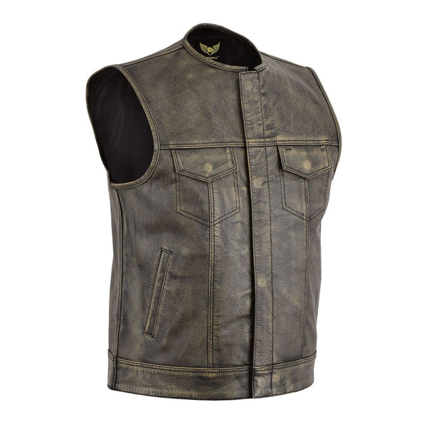 Leatherick Anarchy Club Distressed Brown Collarless Leather Vest