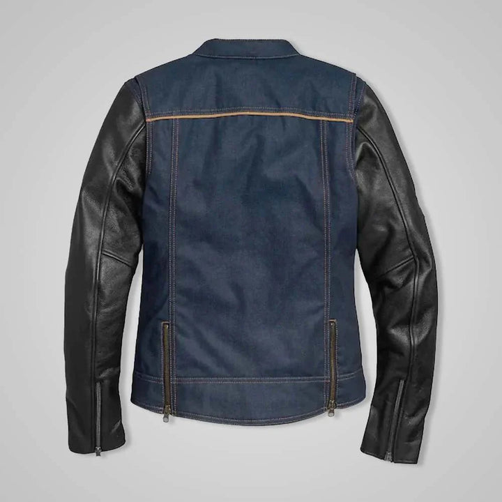 Women’s Navy Denim Jacket with Leather Sleeves & No. 1 Embroidery Patch in Female | Coats & Jackets for XS | Stylish Coats & Jackets by OutfitTouch
