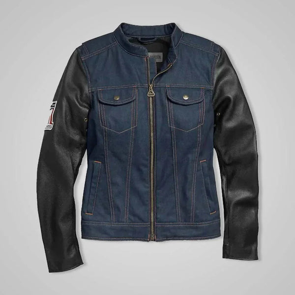 Women’s Navy Denim Jacket with Leather Sleeves & No. 1 Embroidery Patch in Female | Coats & Jackets for XS | Stylish Coats & Jackets by OutfitTouch