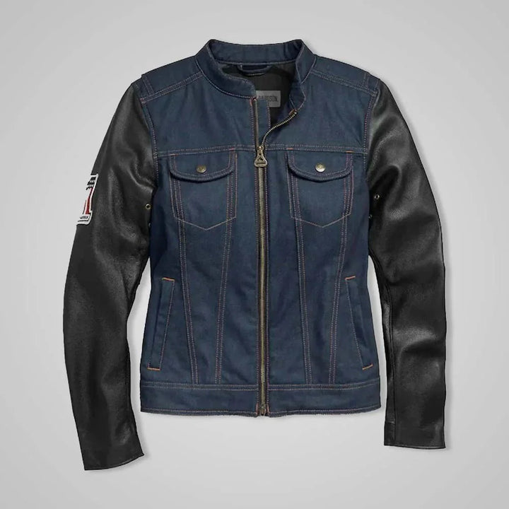 Women’s Navy Denim Jacket with Leather Sleeves & No. 1 Embroidery Patch in Female | Coats & Jackets for XS | Stylish Coats & Jackets by OutfitTouch