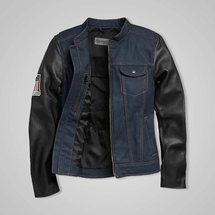 Women’s Navy Denim Jacket with Leather Sleeves & No. 1 Embroidery Patch in Female | Coats & Jackets for XS | Stylish Coats & Jackets by OutfitTouch